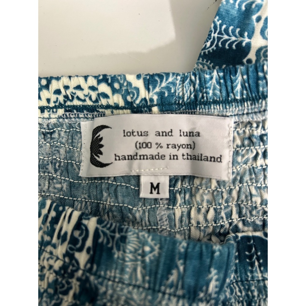 Lotus and Luna Teal Mandala Harem Pants Womens Medium Boho Smocked Rayon Thai - Picture 5 of 9